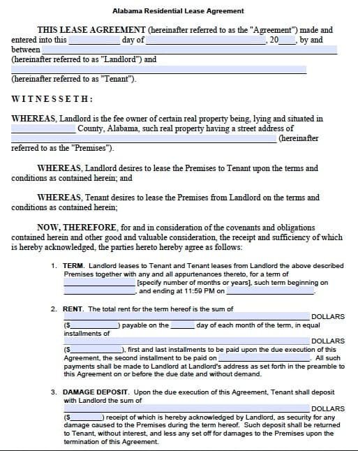 Residential Lease Agreement Template Free Alabama Residential Lease Agreement – Pdf Template