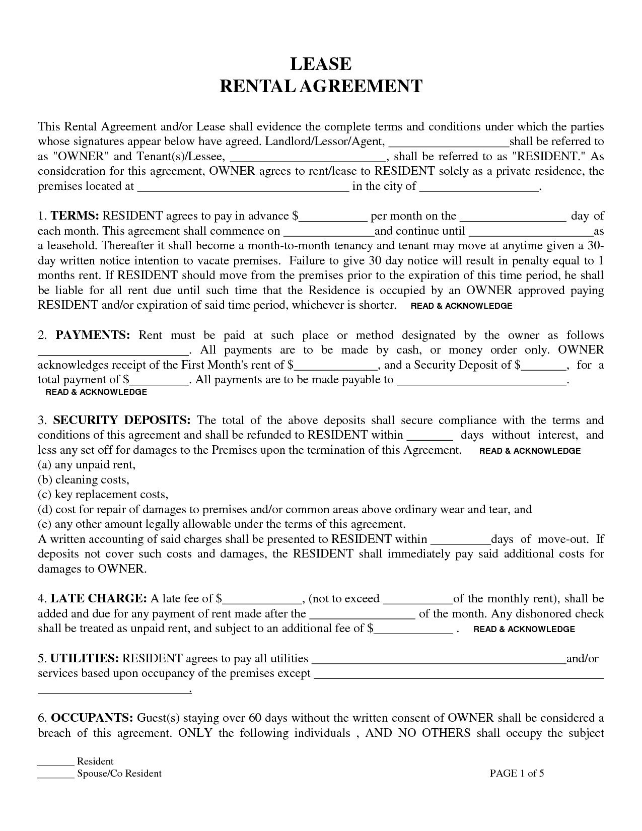 Residential Lease Agreement Template Printable Sample Residential Lease form
