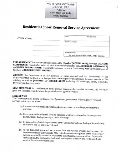 Residential Snow Removal Contract Snow Plow Seasonal Rate Residential Agreement $12 99