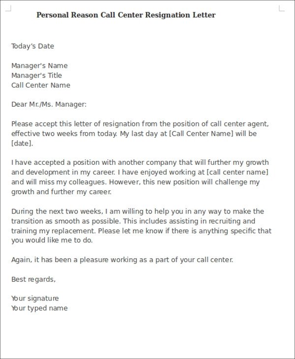 Resignation Letter Personal Reason 9 Personal Reasons Resignation Letters Free Sample
