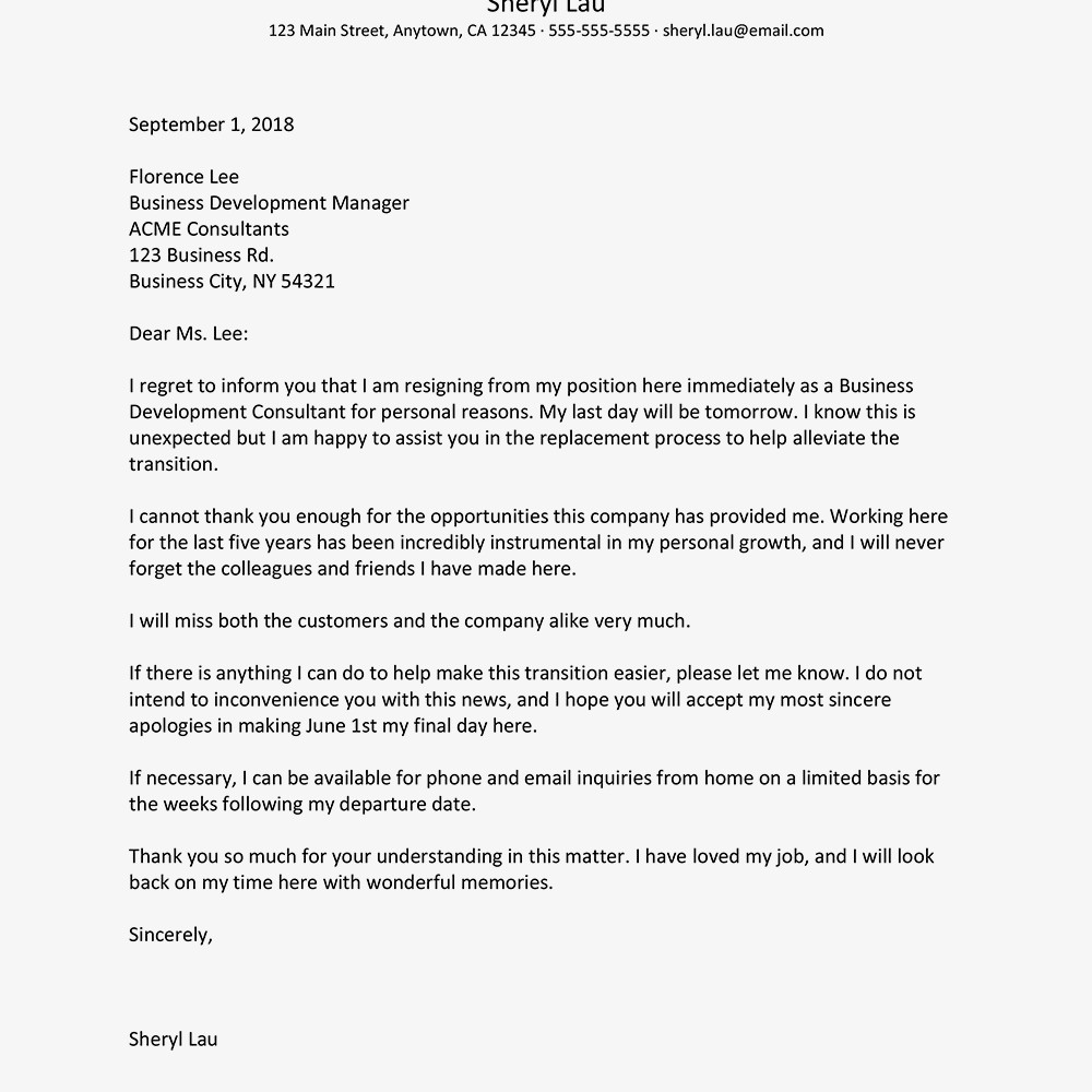 Resignation Letter Personal Reason Immediate Resignation Letter Examples