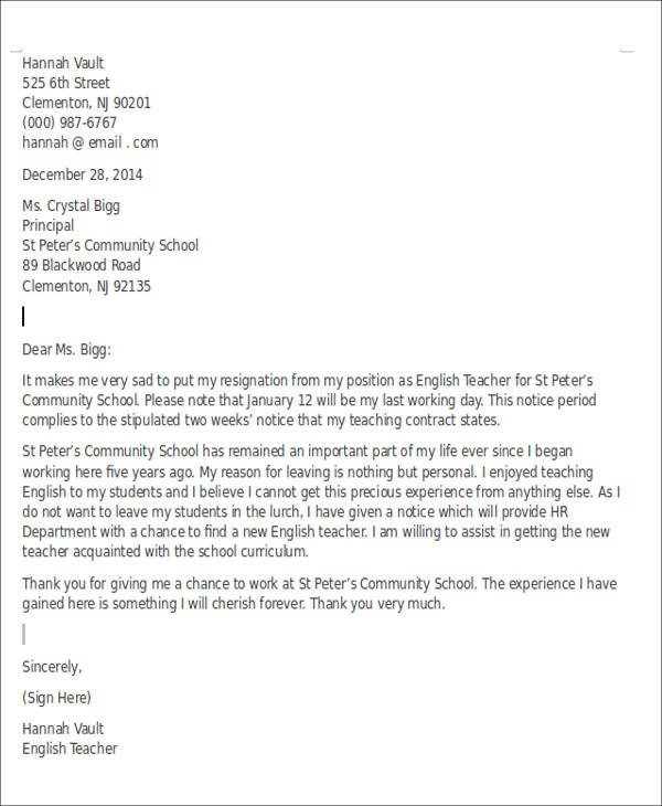 Resignation Letter Personal Reason Resignation Letter format In English for Personal Reason