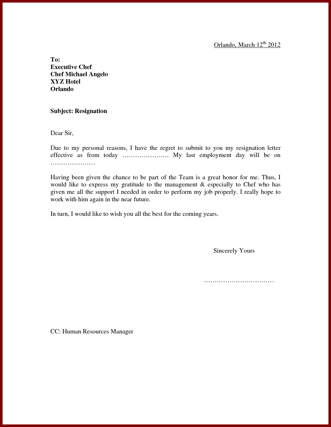 Resignation Letter Personal Reason Simple Resignation Letter Sample for Personal Reasons