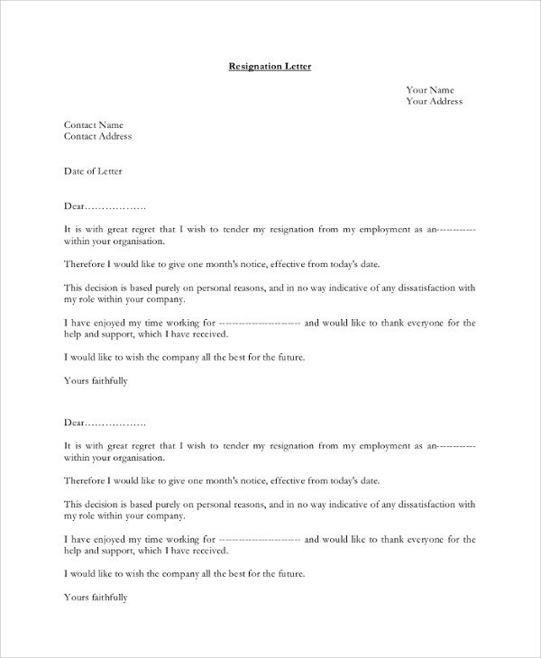 Resignation Letter Personal Reasons Resignation Letter Example 8 Samples In Pdf Word
