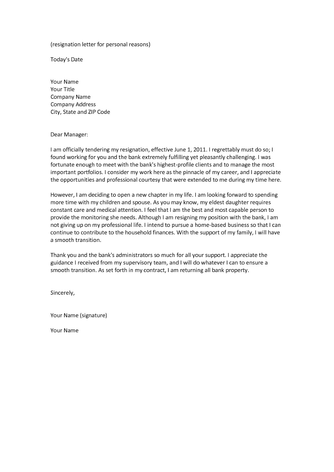 Resignation Letter Personal Reasons Resignation Letter format for Personal Reason Document Blogs