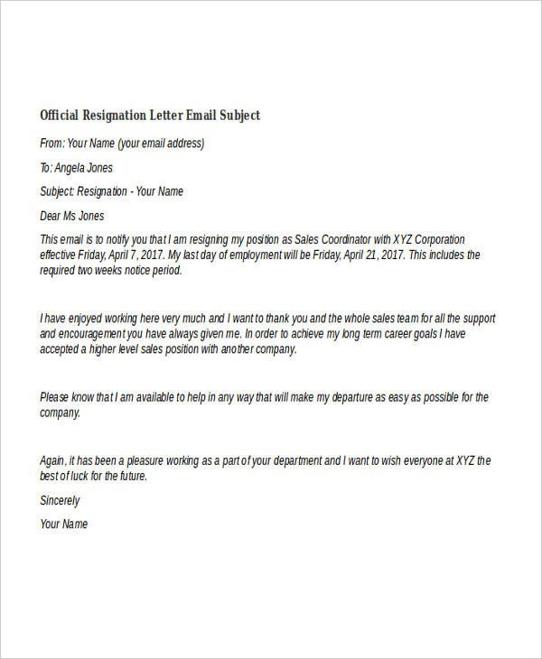 Resignation Letter Subject Line 40 Resignation Letter Example