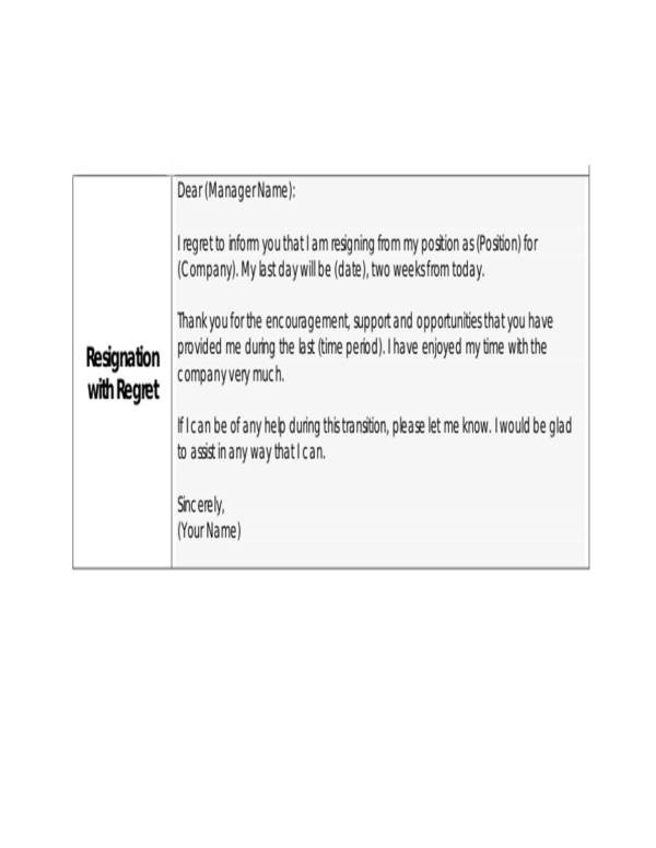 Resignation Letter with Regret 6 Resignation Letter with Regret Samples and Templates
