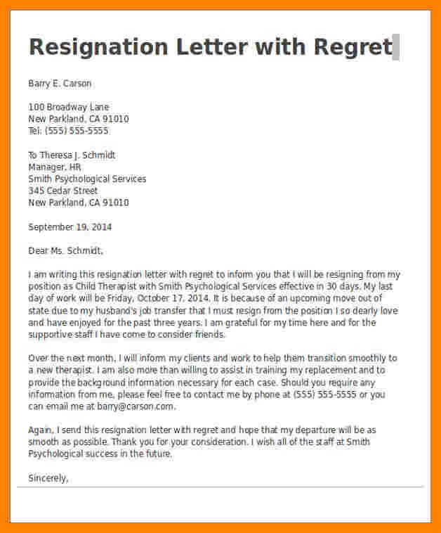 Resignation Letter with Regret 9 Resignation Letter with Regrets