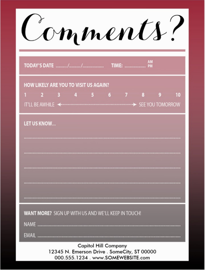 Restaurant Comment Card Template 10 Restaurant Guest Ment Card Designs &amp; Templates