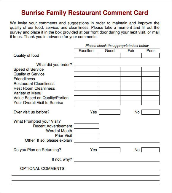 Restaurant Comment Card Template 11 Ment Cards Pdf Word Adobe Portable Documents