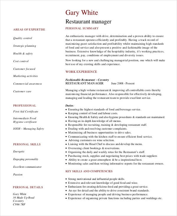 Restaurant General Manager Resume Restaurant Manager Resume Template 6 Free Word Pdf