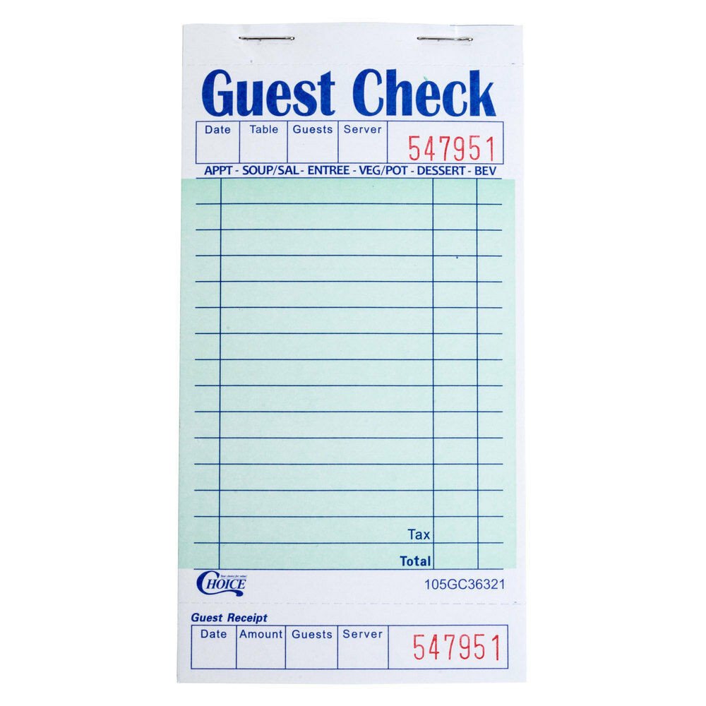 Restaurant Guest Check Template 1 Part Green and White Guest Check with Bottom Guest