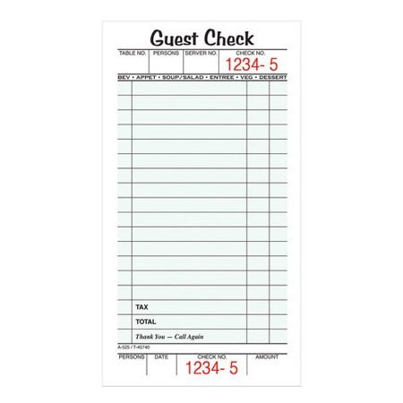 Restaurant Guest Check Template Guest Check 1 Part 5 Pk Walmart