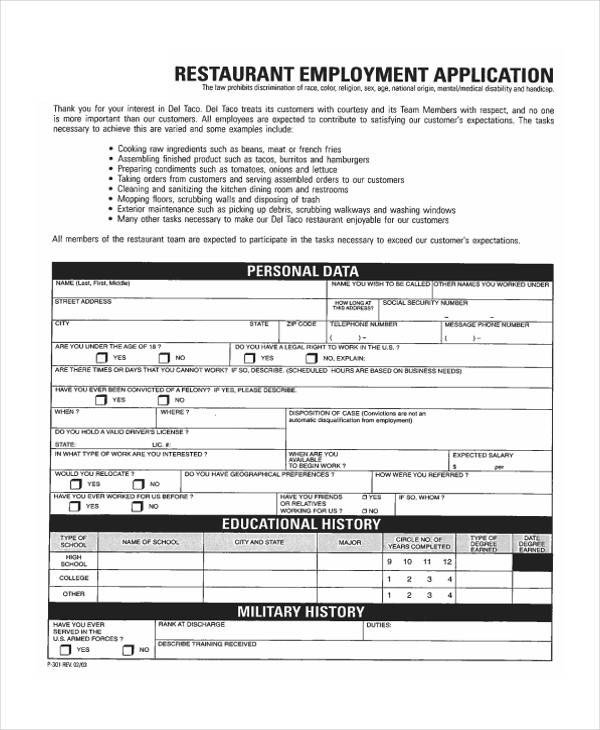 Restaurant Job Application Template 35 Free Job Application form Template