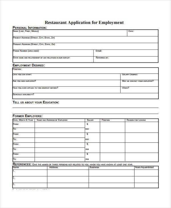 Restaurant Job Application Template Generic Employment Application Template 8 Free Pdf