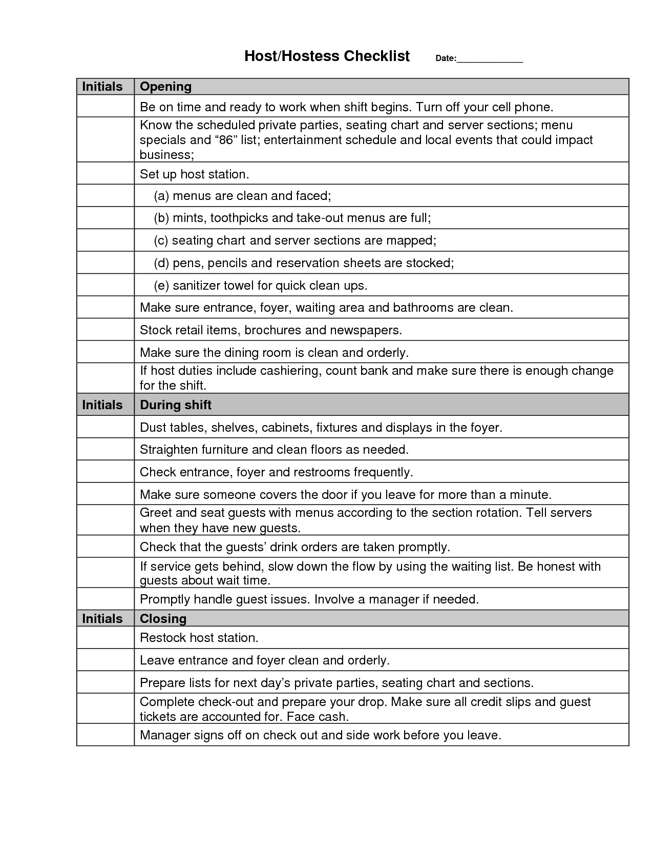 Restaurant Side Work Chart Template Restaurant Server Side Work Checklist Template Jennies
