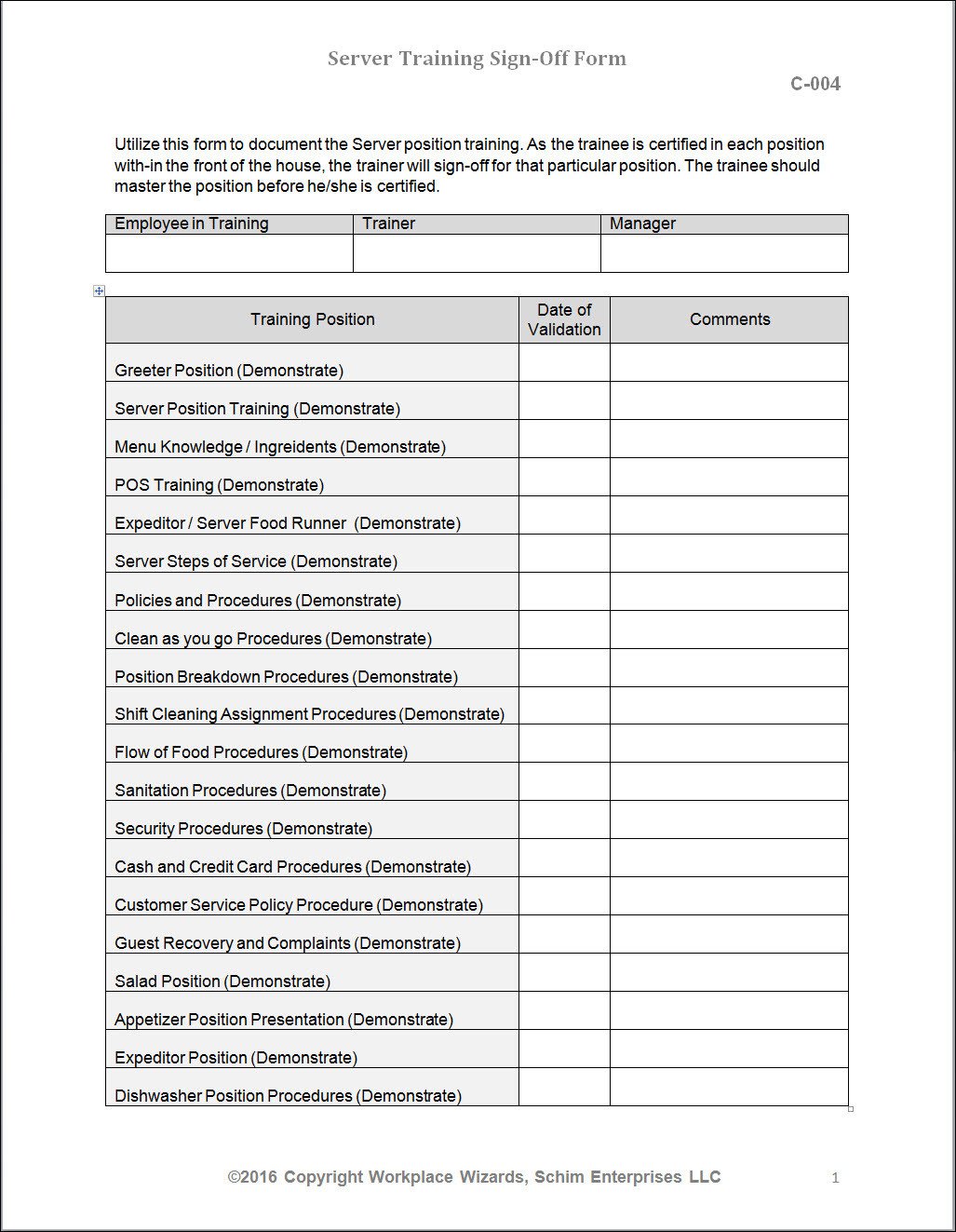Restaurant Side Work Chart Template Restaurant Server Training Checklist Workplace Wizards