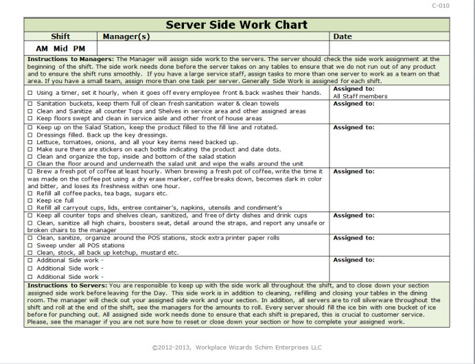 Restaurant Side Work Chart Template Server Side Work Chart Workplace Wizards