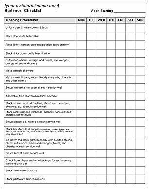Restaurant Side Work Checklist Template Download Bartender Checklists Work Memos