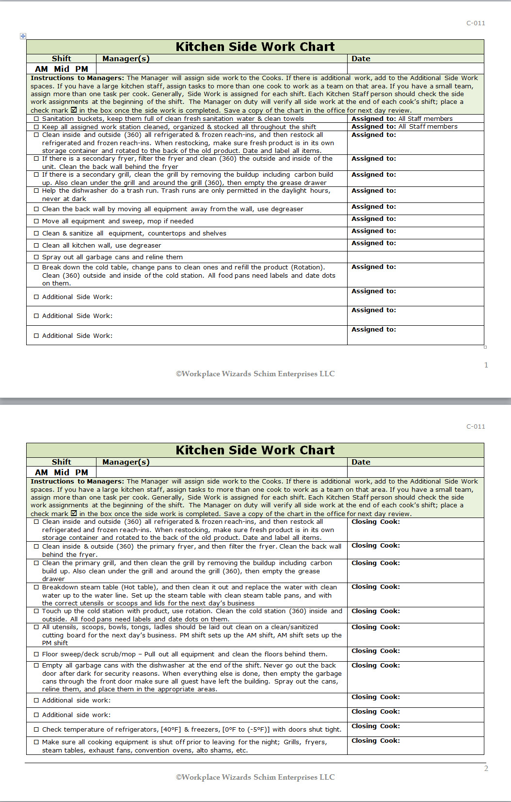 Restaurant Side Work Checklist Template Kitchen Side Work Chart Workplace Wizards