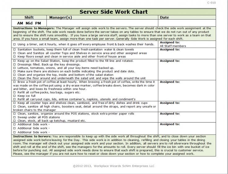 Restaurant Side Work Checklist Template New Cumberland Pennsylvania Restaurant Consultants
