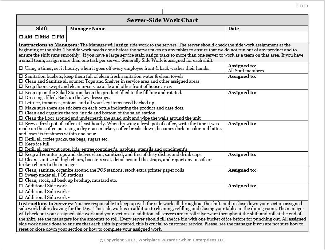 Restaurant Side Work Checklist Template Server Side Work Chart Workplace Wizards Restaurant