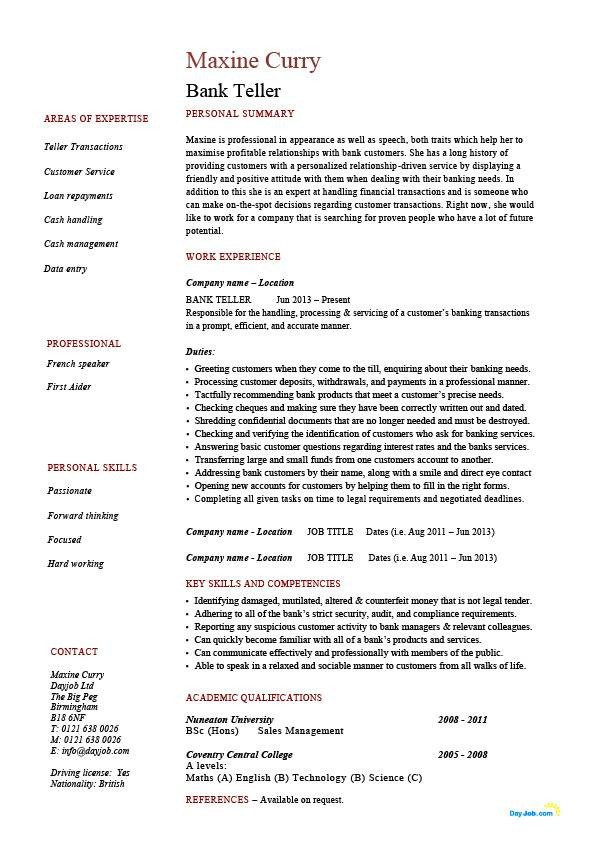Resumes for Bank Teller Bank Teller Resume Example Sample Template Job