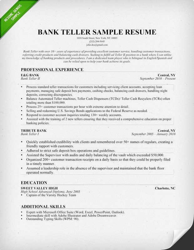 Resumes for Bank Teller Bank Teller Resume Sample & Writing Tips