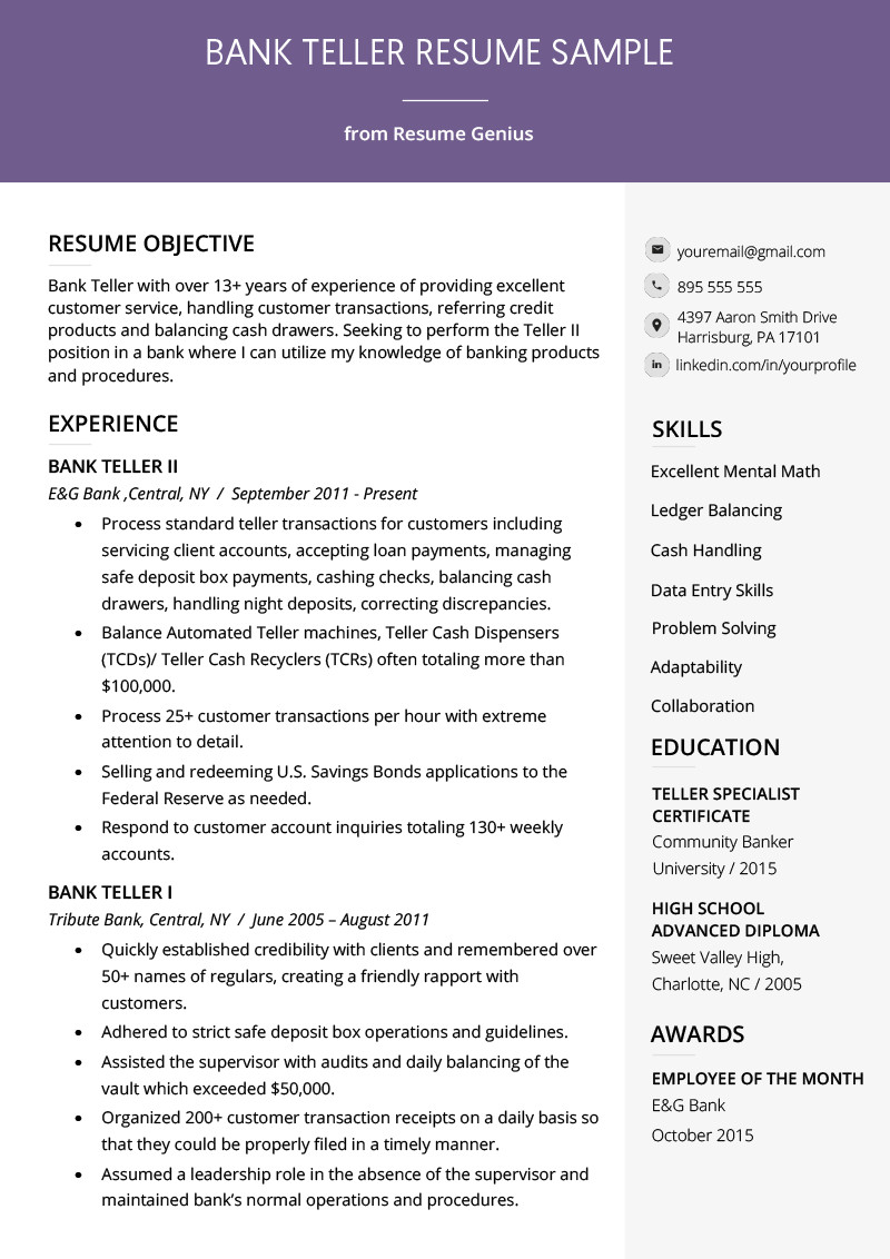 Resumes for Bank Teller Bank Teller Resume Sample &amp; Writing Tips