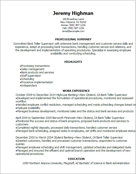 Resumes for Bank Teller Bank Teller Supervisor Resume Template — Best Design
