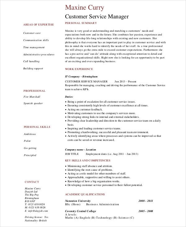 Retail Customer Service Resume 8 Retail Manager Resumes Free Sample Example format