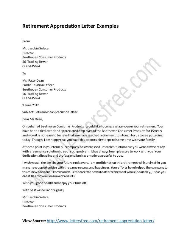 Retirement Letter Of Appreciation Retirement Appreciation Letter Examples