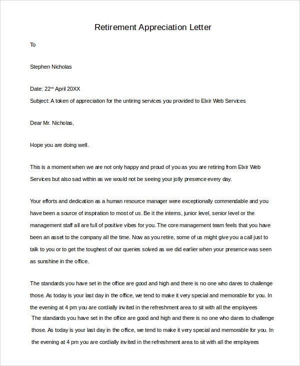 Retirement Letter Of Appreciation Sample Retirement Letter 10 Examples In Pdf Word