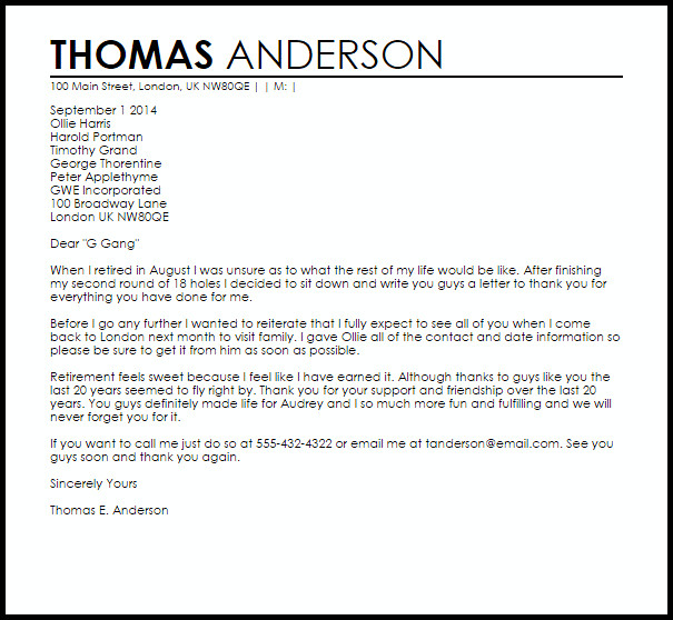Retirement Letter Of Appreciation Thank You Retirement Letter Example