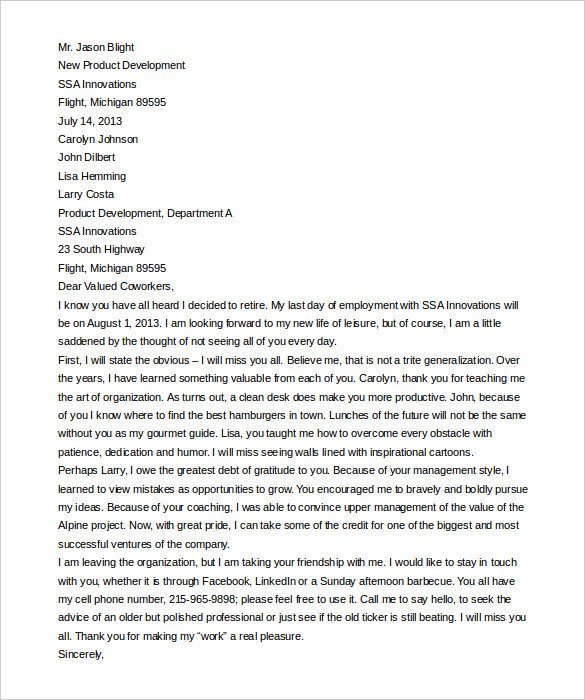 Retirement Letter to Coworkers Free 8 Printable Professional Sample Retirement Letters