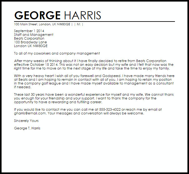 Retirement Letter to Coworkers Retirement Letter Example to Coworkers