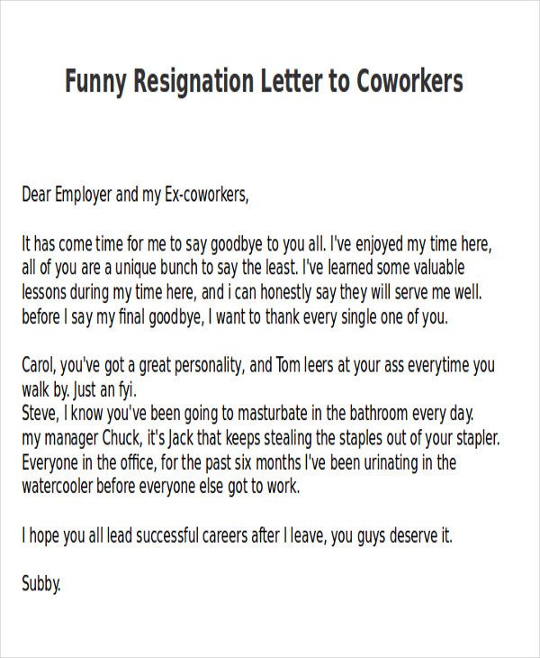 Retirement Letter to Coworkers Sample Funny Resignation Letter 6 Examples In Pdf Word
