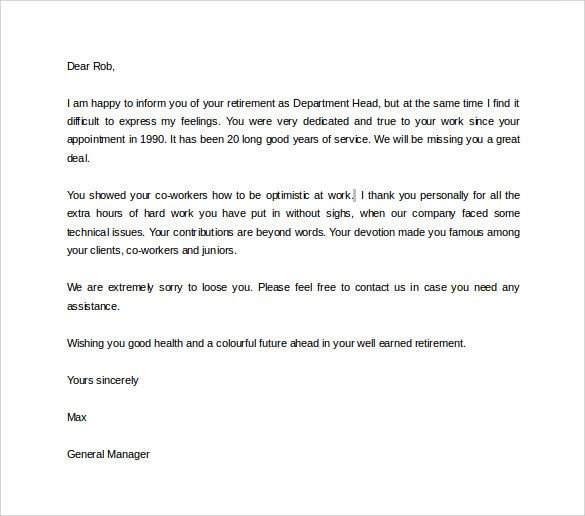 Retirement Letter to Employee Free 20 Sample Useful Retirement Letters In Microsoft