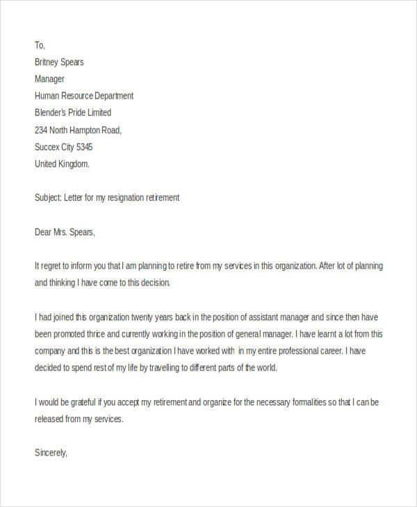 Retiring Letter Of Resignation 12 Retirement Resignation Letter Template Free Word