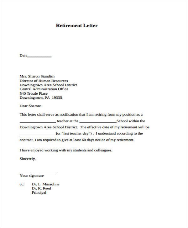 Retiring Letter Of Resignation 12 Retirement Resignation Letter Template Free Word