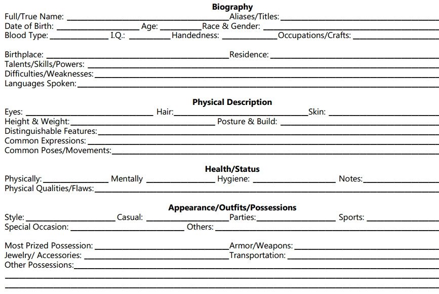 Roleplay Character Sheet Template Character Bio Template