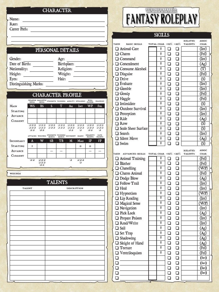 Roleplay Character Sheet Template Warhammer Fantasy Roleplay 2nd Edition Editable Character