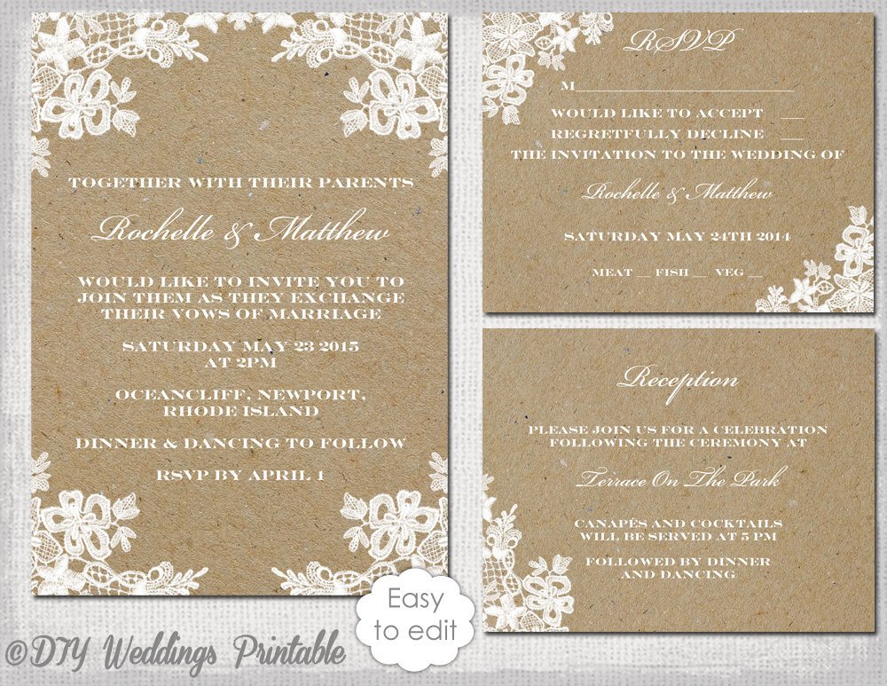 Rustic Wedding Invitation Templates Rustic Wedding Invitation Set Diy Rustic Lace