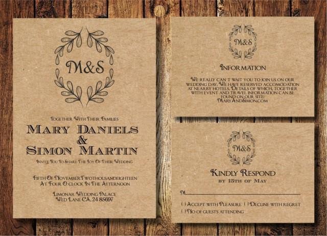 Rustic Wedding Invites Templates Rustic Wedding Invitation Template Set Kraft Paper Wreath