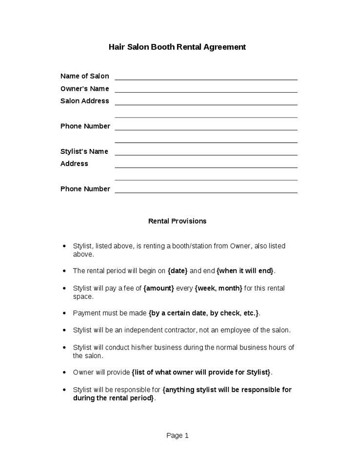 Salon Booth Rental Agreement A Template for A Hair Salon Booth Rental Agreement