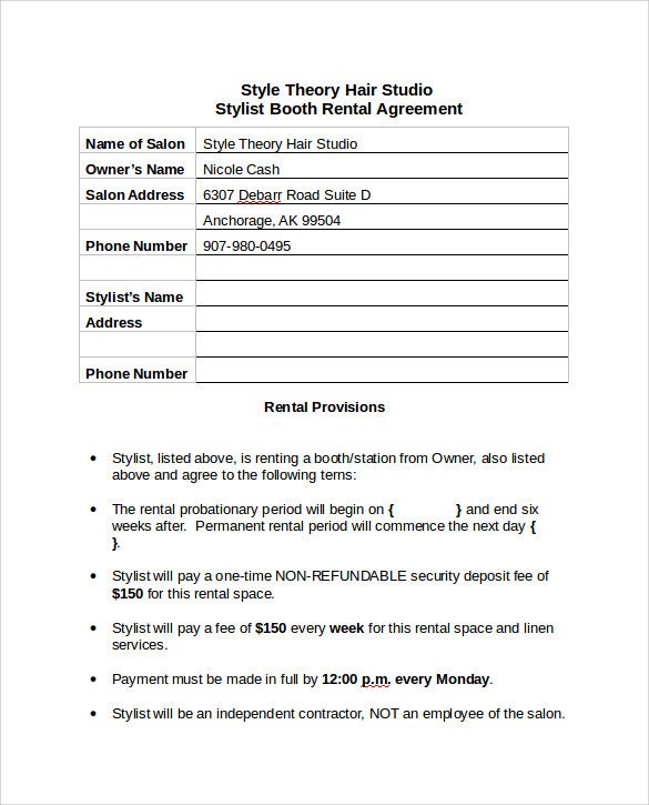 Salon Booth Rental Agreement Booth Rental Agreement 6 Free Documents Download In Pdf