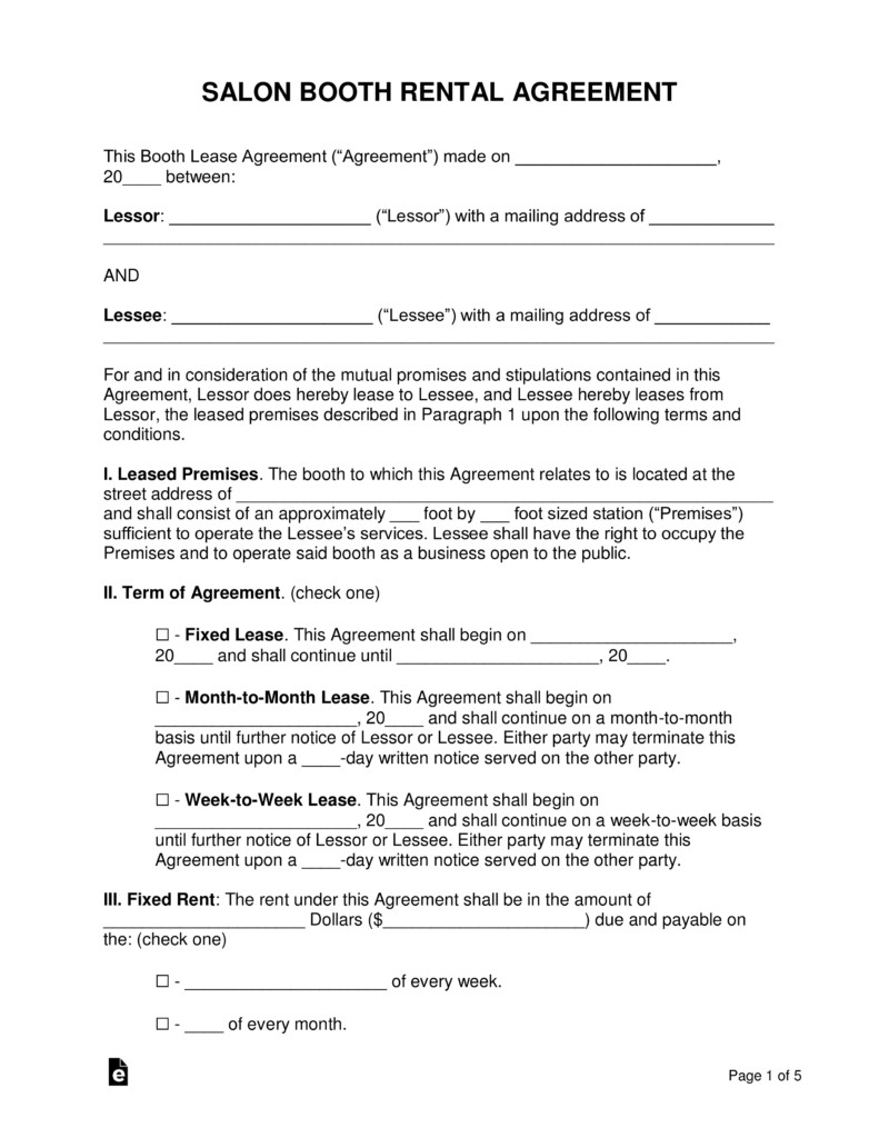 Salon Booth Rental Agreement Free Booth Salon Rental Lease Agreement Pdf