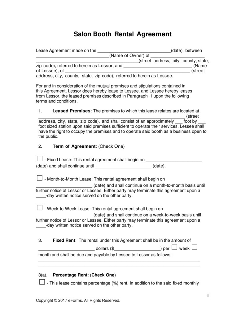 Salon Booth Rental Agreement Free Booth Salon Rental Lease Agreement Pdf