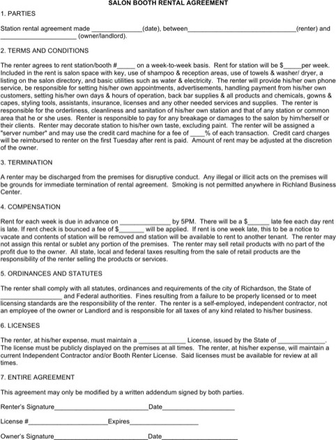 Salon Booth Rental Agreement Salon Booth Station Rental Lease Agreement Template