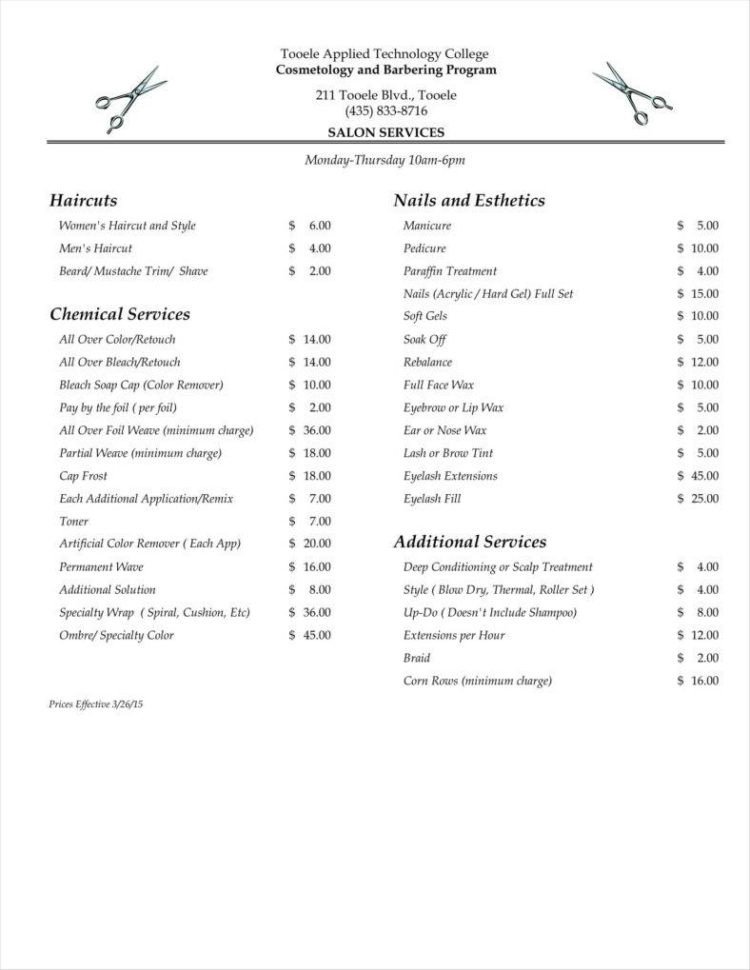 Salon Price List Template Spreadsheet for Hairdressers Google Spreadshee Spreadsheet